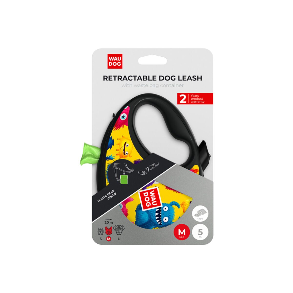 Guinzaglio retrattile 5 m con porta-sacchetti R-Leash Furry Monsters M - WAUDOG - immagine 5